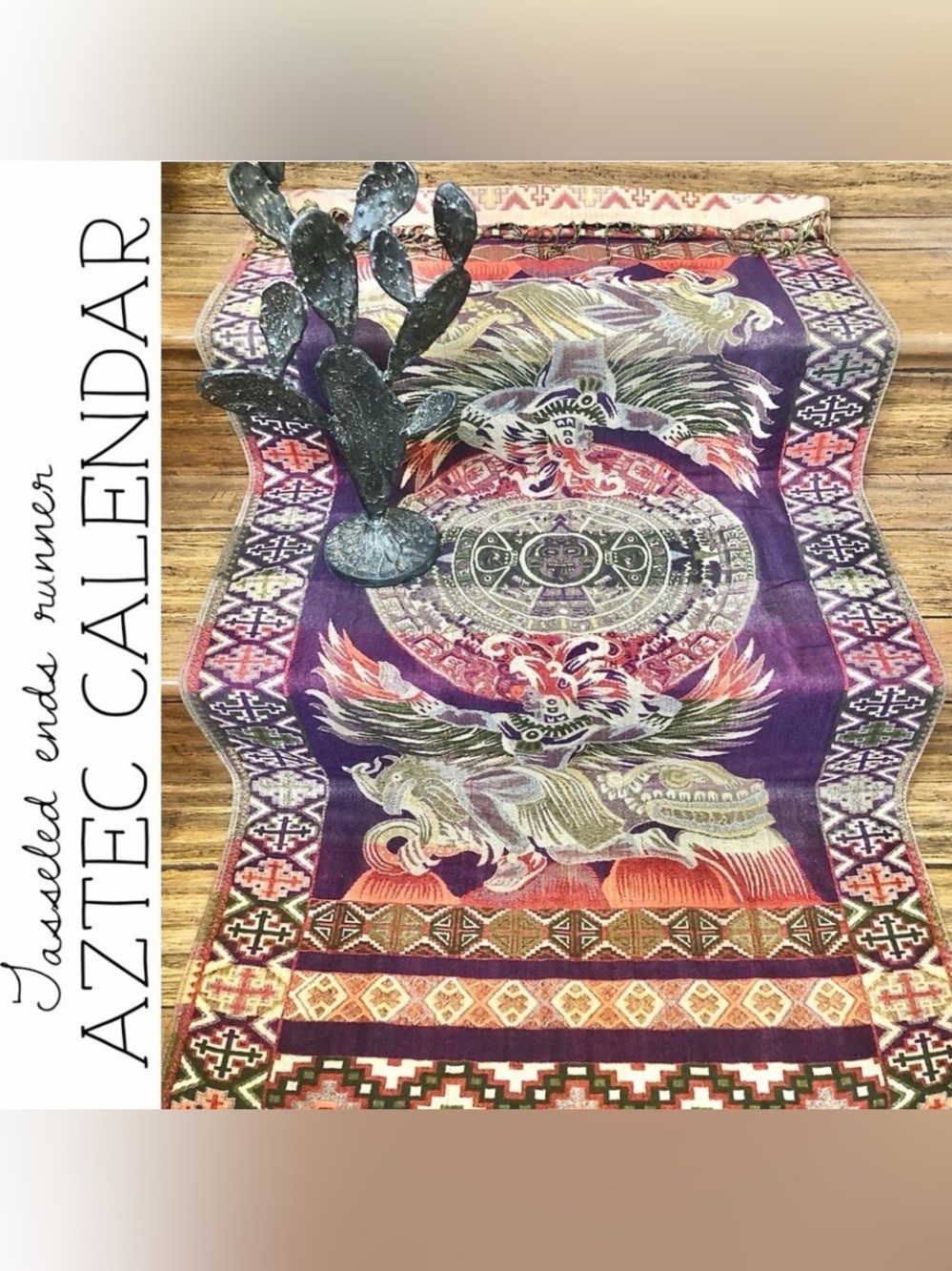 Aztec Calendar Runner with Tasseled Ends